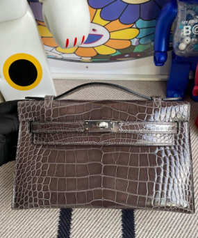 에르메스 켈리22 포쉐트 그레이 은장 샤이니 악어가죽